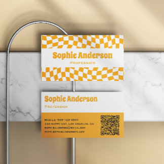 Modern Orange Wavy Chequerboard QR Code Business Card