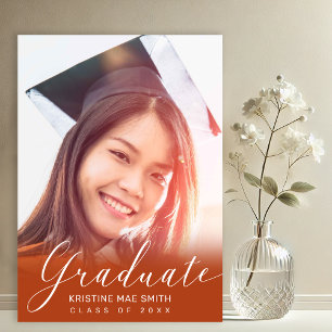 Modern Orange White Calligraphy Photo Graduation Invitation
