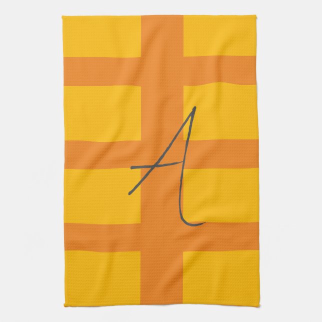 Modern Orange Yellow Colour Monogram Name Initial Kitchen Towel (Vertical)