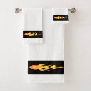 Modern Orange Yellow Fire Flame on Black & White Bath Towel Set