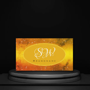 Modern Orange Yellow Marble Glitter Stars Initials Business Card