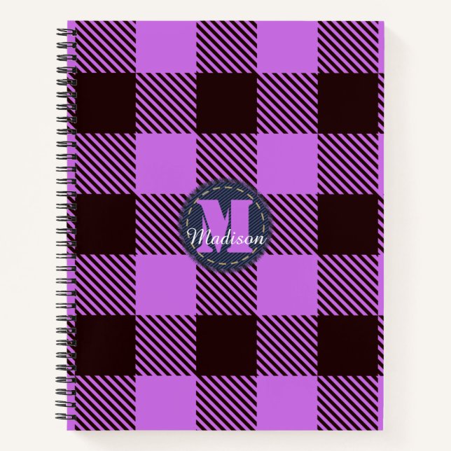 Modern Orchid Black Tartan Jeans Monogram Name Notebook (Front)