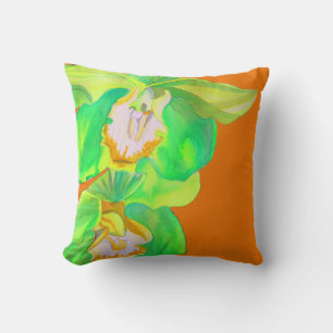 Modern orchid pop art flower on orange throw pillow