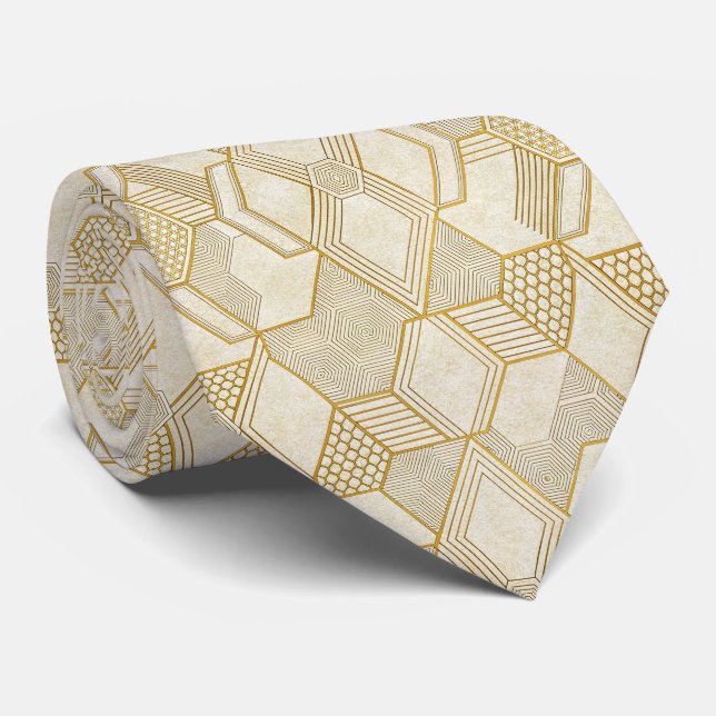 Modern Organic Hexagon Pattern | Cream and Beige 2 Tie (Rolled)