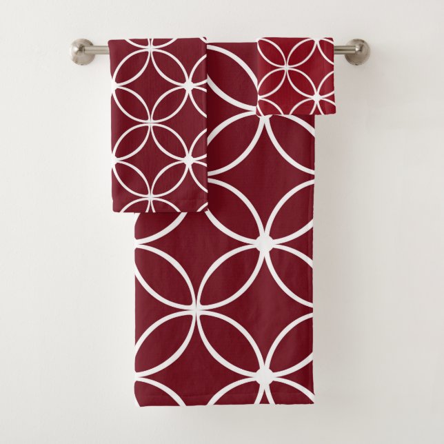 Modern, ornamental petals, burgundy, white bath towel set (Insitu)