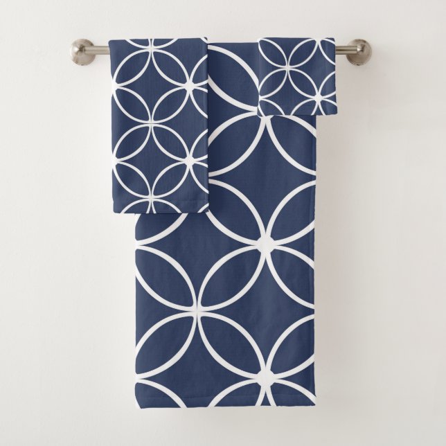 Modern, ornamental petals, navy blue, white bath towel set (Insitu)