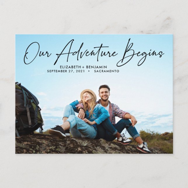 Modern Our Adventure Begins Photo Save The Date Postcard (Front)
