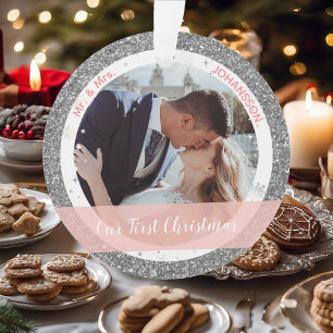 Modern Our First Christmas as Mr and Mrs 2 Photos Ornament
