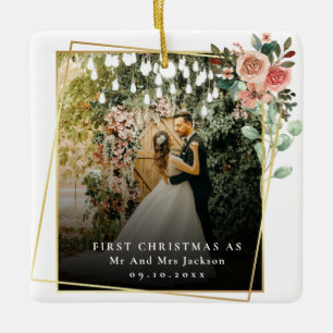 Modern Our First Christmas As Mr & Mrs Floral  Ceramic Ornament