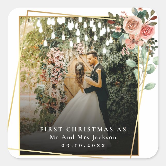 Modern Our First Christmas As Mr & Mrs Floral  Square Sticker (Front)