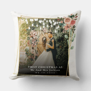 Modern Our First Christmas As Mr & Mrs Floral Throw Pillow