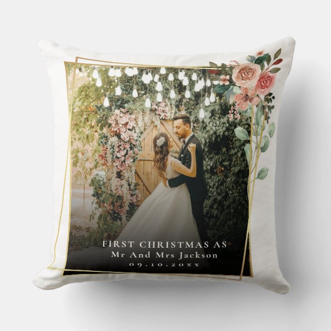 Modern Our First Christmas As Mr & Mrs Floral  Throw Pillow (Front)