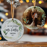 Modern Our First Christmas As Mr & Mrs Photo Ceramic Ornament<br><div class="desc">Modern Our First Christmas As Mr & Mrs Photo Newlyweds Ornament</div>
