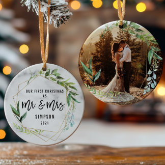 Modern Our First Christmas As Mr & Mrs Photo Ceramic Ornament