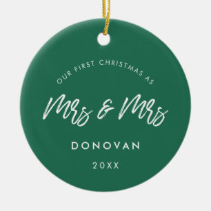 Modern Our First Christmas as Mrs and Mrs Green Ceramic Ornament