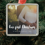 Modern Our First Christmas couple photo Metal Ornament<br><div class="desc">A modern typography for this photo ornaments collection. To customize with your favourite picture. You can also easily change the colour of the font to your liking.</div>