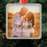 Modern Our First Christmas couple photo Metal Ornament<br><div class="desc">A modern typography for this photo ornaments collection. To customize with your favourite picture. You can also easily change the colour of the font to your liking.</div>