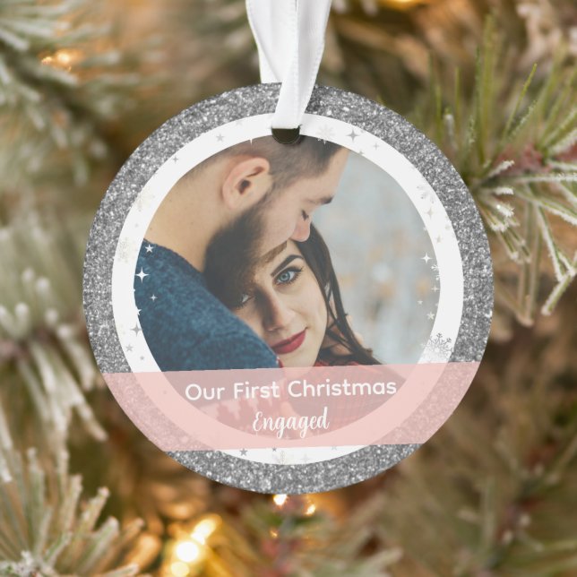 Modern Our First Christmas Engaged 2 Photos Ornament (Tree)