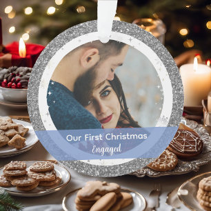 Modern Our First Christmas Engaged 2 Photos Ornament