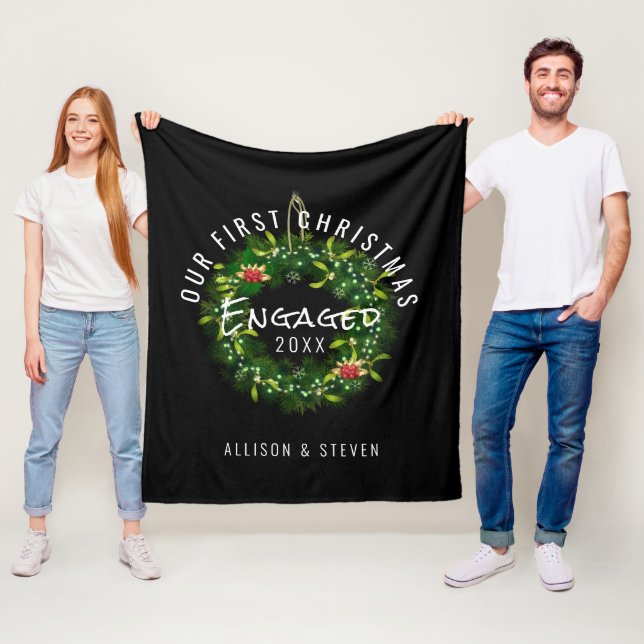 Modern Our First Christmas Engaged Personalized Fleece Blanket (In Situ)