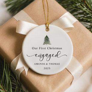 Modern Our First Christmas Engaged Photo Ceramic Ornament