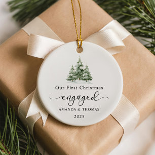 Modern Our First Christmas Engaged Photo Ceramic Ornament