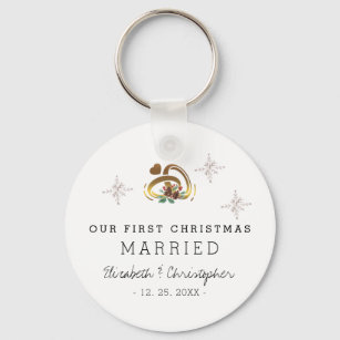 Modern Our First Christmas Married Holiday Keychain