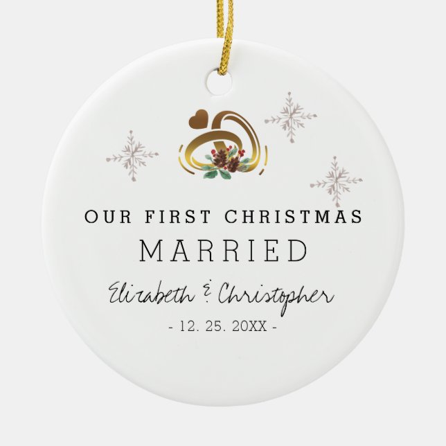 Modern Our First Christmas Married Photo Ceramic Ornament (Front)