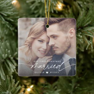 Modern Our First Christmas Married Photo Script  Ceramic Ornament
