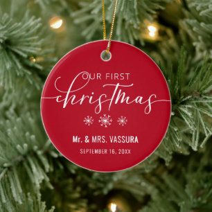 Modern Our First Christmas Mr and Mrs Photo Ceramic Ornament