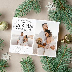 Modern Our First Christmas Mr. and Mrs. Two Photo Announcement Postcard