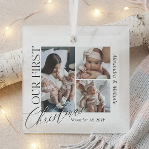 Modern Our First Christmas Twin Baby Photo Collage Glass Ornament