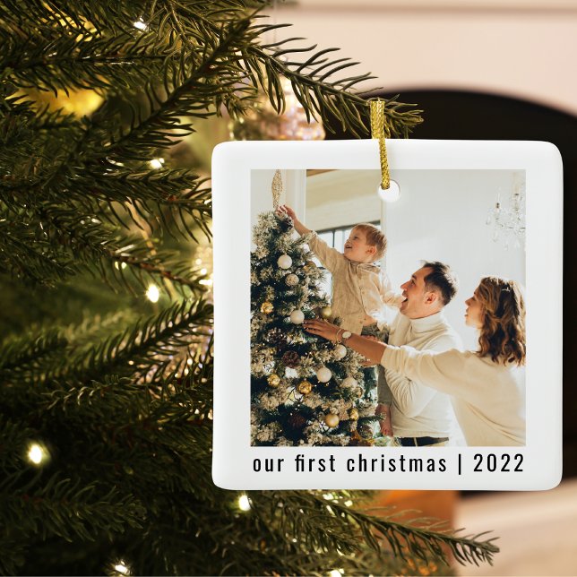 Modern Our First Christmas | Two Photos  Ceramic Ornament (Creator Uploaded)