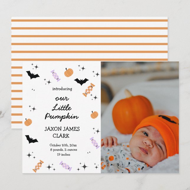 Modern Our Little Pumpkin Halloween Birth Announcement (Front/Back)