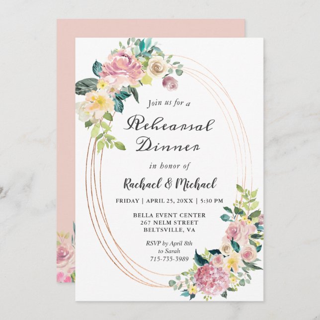Modern Oval Floral Frame Spring Rehearsal Dinner Invitation (Front/Back)