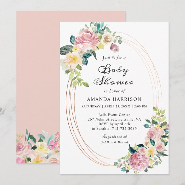 Modern Oval Frame Pastel Blush Floral Baby Shower Invitation (Front/Back)