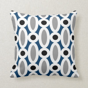 Modern Oval Links Pattern in Blue and Grey Throw Pillow