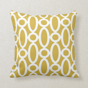 Modern Oval Links Pattern in Mustard and White Throw Pillow