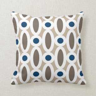 Modern Oval Links Pattern in Tan and Blue Throw Pillow