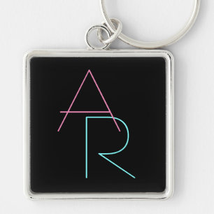 Modern Overlapping Initials   Pink Turquoise Black Keychain