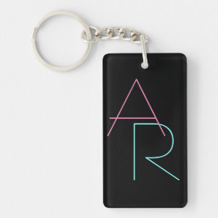Modern Overlapping Initials   Pink Turquoise Black Keychain