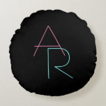 Modern Overlapping Initials | Pink Turquoise Black Round Pillow<br><div class="desc">Cool,  modern overlapping initials.</div>