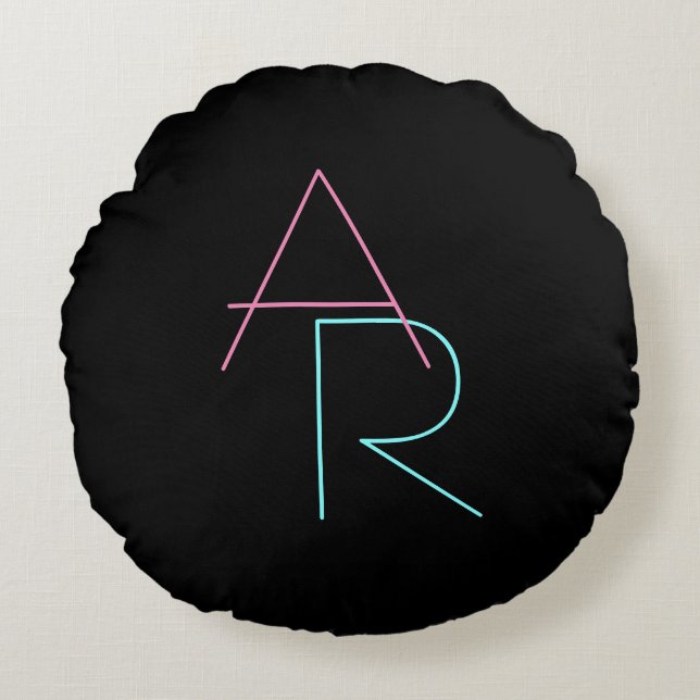 Modern Overlapping Initials | Pink Turquoise Black Round Pillow (Front)