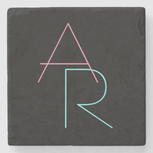 Modern Overlapping Initials   Pink Turquoise Black Stone Coaster