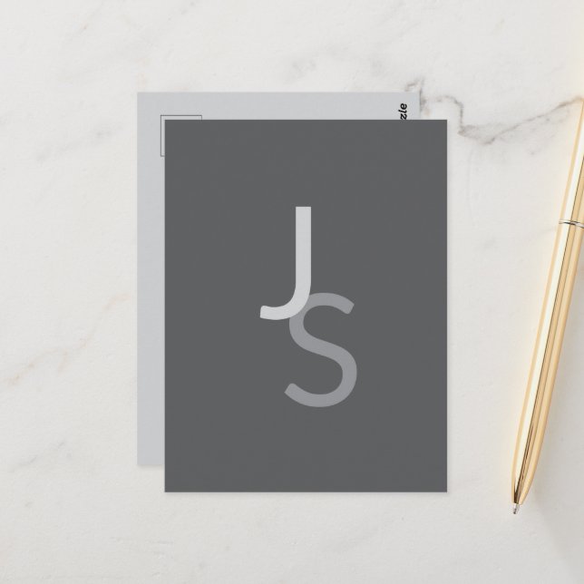 Modern Overlapping Monogrammed Initials | Grey Postcard (Front/Back In Situ)