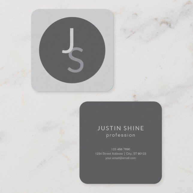 Modern Overlapping Monogrammed Initials | Grey Square Business Card (Front/Back)