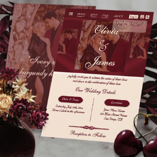 Modern Overlay Photo Script Burgundy Ivory Wedding Invitation (Creator Uploaded)