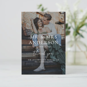 Modern Overlay White Text Wedding Romantic Photo  Thank You Card