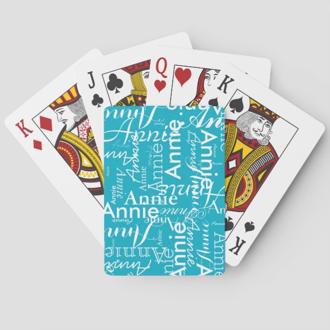 Modern Oversized Repeating Name Azure Blue Playing Cards (Back)