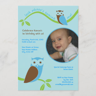 Modern Owls First Birthday Custom Photo Invitation